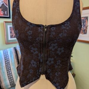 Brown and Navy Floral Zip-Front Vest | Handmade By Montreal Designer | Medium